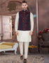 Designer Mens'S Wear Readymade Kurta Paijama With Jacket Collection Cream Kurta Art Silk Pant Front View
