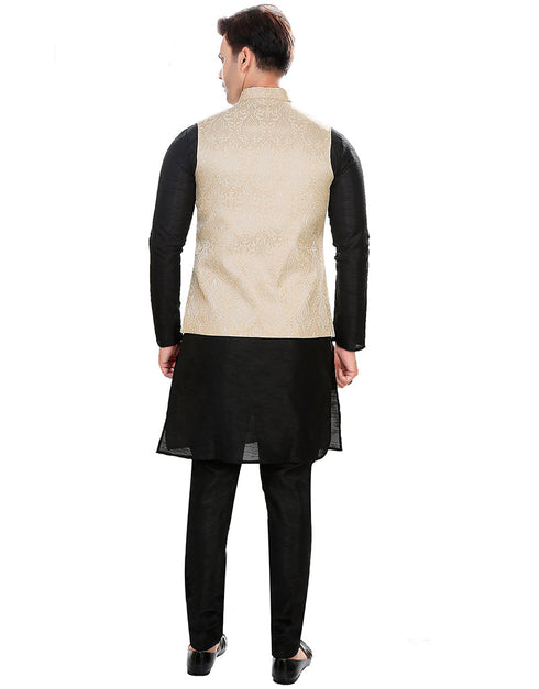 Designer Mens'S Wear Readymade Kurta Paijama With Jacket Collection Black Kurta Art Silk Pant Back View