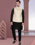 Designer Mens'S Wear Readymade Kurta Paijama With Jacket Collection Black Kurta Art Silk Pant Front View