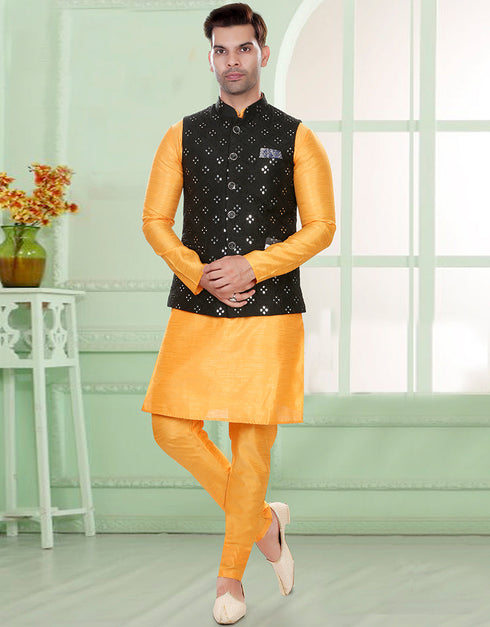 Designer Mens'S Wear Readymade Kurta Paijama With Jacket Collection Yellow Kurta Art Silk Pant Front View