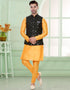 Designer Mens'S Wear Readymade Kurta Paijama With Jacket Collection Yellow Kurta Art Silk Pant Front View