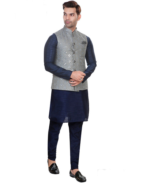 Designer Mens'S Wear Readymade Kurta Paijama With Jacket Collection Navy Blue Kurta Art Silk Pant Close-up View