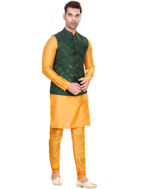 Designer Mens'S Wear Readymade Kurta Paijama With Jacket Collection Yellow Kurta Art Silk Pant Close-up View