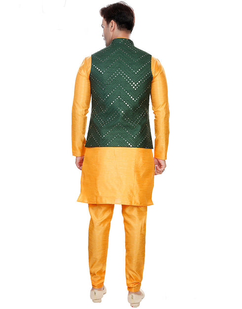 Designer Mens'S Wear Readymade Kurta Paijama With Jacket Collection Yellow Kurta Art Silk Pant Back View