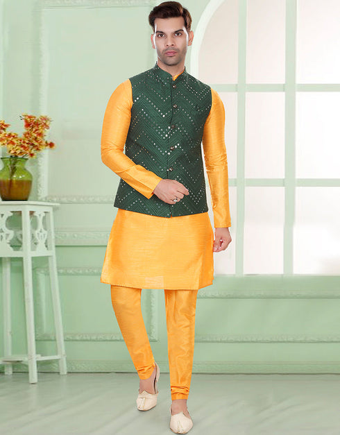 Designer Mens'S Wear Readymade Kurta Paijama With Jacket Collection Yellow Kurta Art Silk Pant Front View