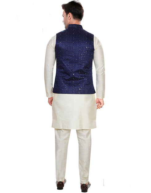 Designer Mens'S Wear Readymade Kurta Paijama With Jacket Collection Cream Kurta Art Silk Pant Back View