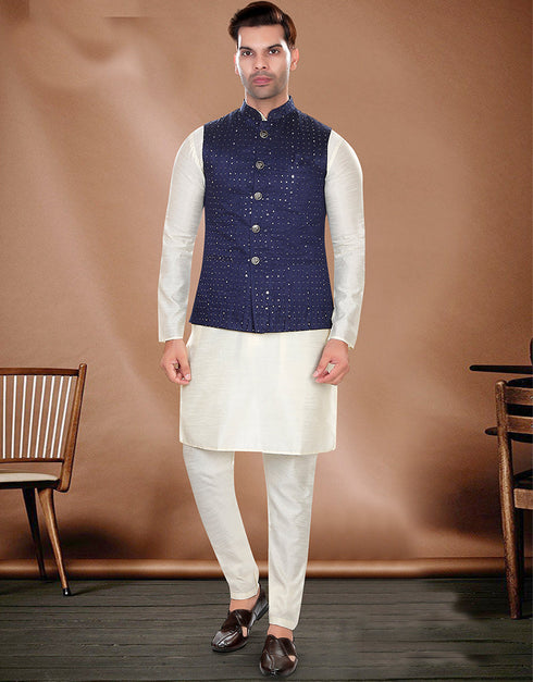 Designer Mens'S Wear Readymade Kurta Paijama With Jacket Collection Cream Kurta Art Silk Pant Front View