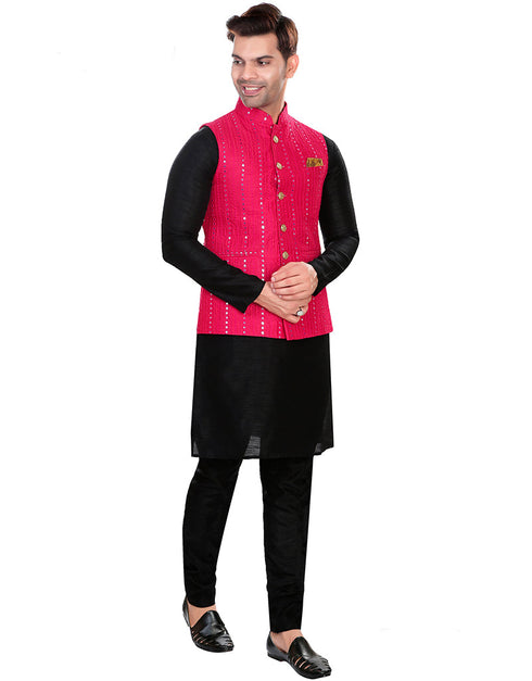 Designer Mens'S Wear Readymade Kurta Paijama With Jacket Collection Black Kurta Art Silk Pant Close-up View