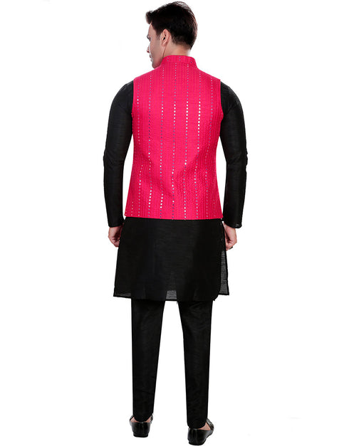 Designer Mens'S Wear Readymade Kurta Paijama With Jacket Collection Black Kurta Art Silk Pant Back View