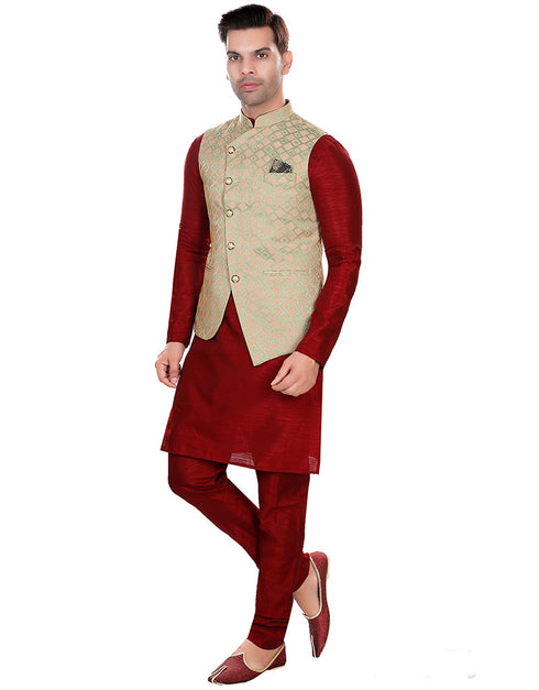 Designer Mens'S Wear Readymade Kurta Paijama With Jacket Collection Maroon Kurta Art Silk Pant Close-up View