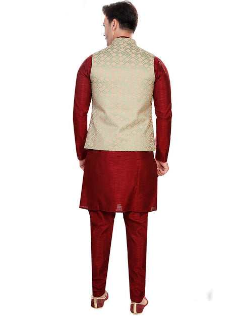 Designer Mens'S Wear Readymade Kurta Paijama With Jacket Collection Maroon Kurta Art Silk Pant Back View