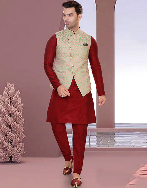 Designer Mens'S Wear Readymade Kurta Paijama With Jacket Collection Maroon Kurta Art Silk Pant Front View