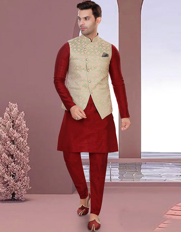 Designer Mens'S Wear Readymade Kurta Paijama With Jacket Collection Maroon Kurta Art Silk Pant Front View