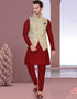 Designer Mens'S Wear Readymade Kurta Paijama With Jacket Collection Maroon Kurta Art Silk Pant Front View