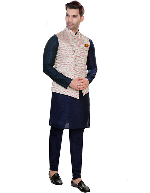 Designer Mens'S Wear Readymade Kurta Paijama With Jacket Collection Navy Blue Kurta Art Silk Pant Close-up View