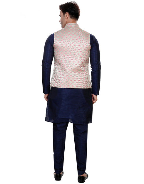 Designer Mens'S Wear Readymade Kurta Paijama With Jacket Collection Navy Blue Kurta Art Silk Pant Back View