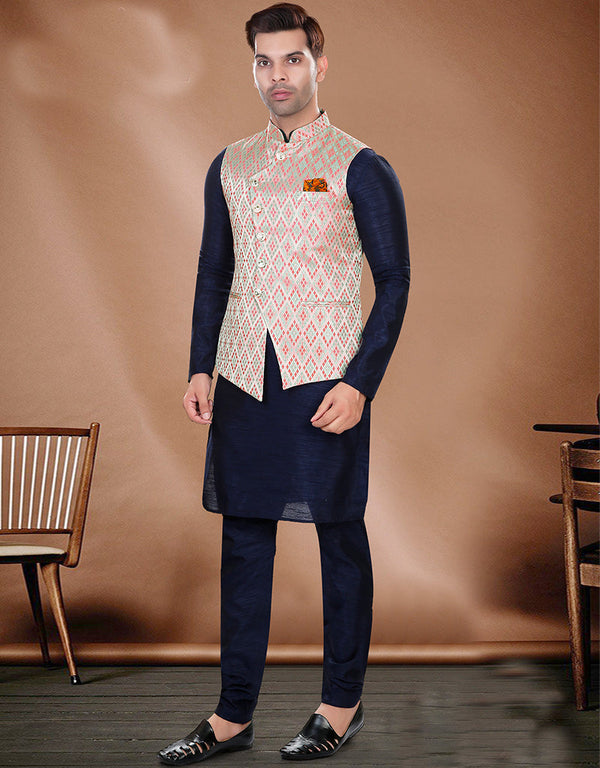 Designer Mens'S Wear Readymade Kurta Paijama With Jacket Collection Navy Blue Kurta Art Silk Pant Front View