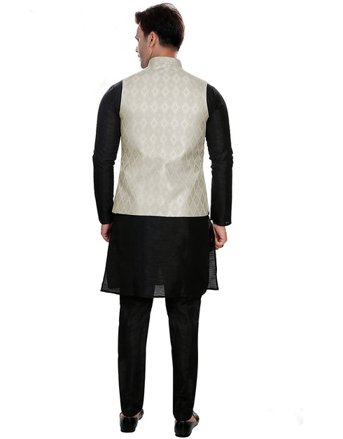 Designer Mens'S Wear Readymade Kurta Paijama With Jacket Collection Black Kurta Art Silk Pant Back View