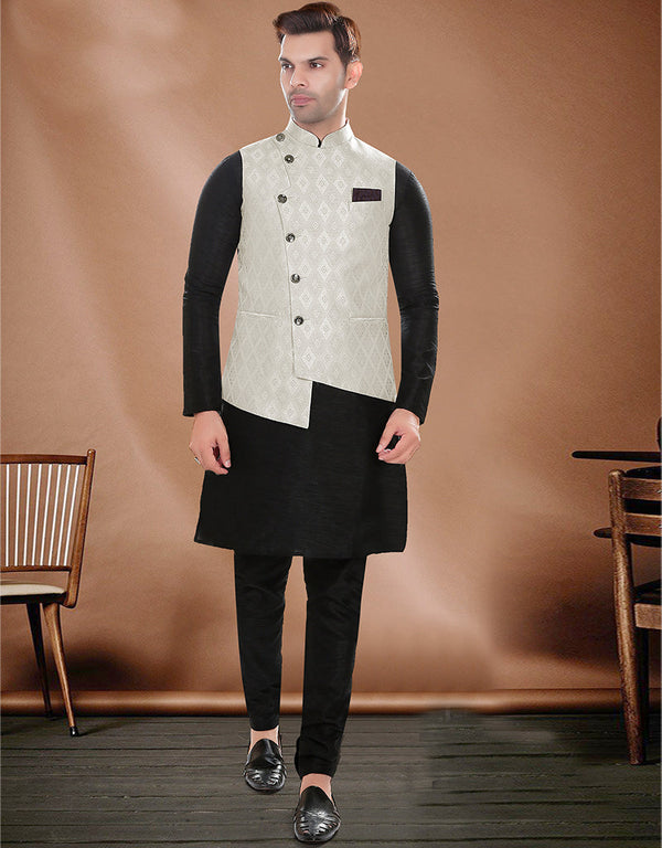 Designer Mens'S Wear Readymade Kurta Paijama With Jacket Collection Black Kurta Art Silk Pant Front View