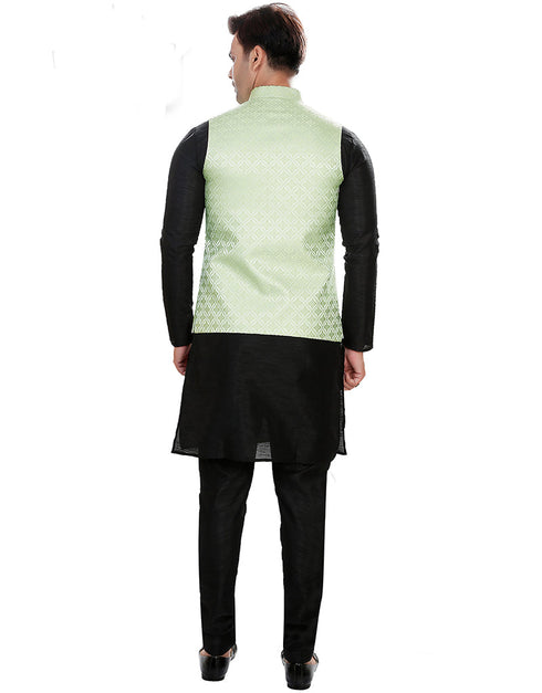Designer Mens'S Wear Readymade Kurta Paijama With Jacket Collection Black Kurta Art Silk Pant Close-up View