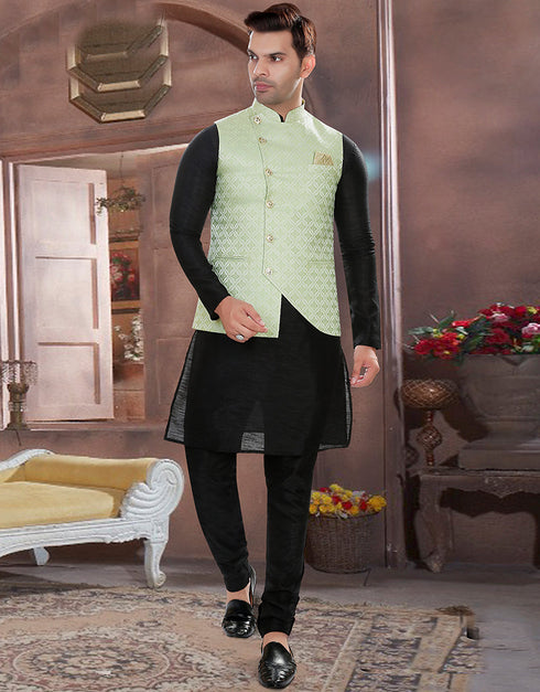 Designer Mens'S Wear Readymade Kurta Paijama With Jacket Collection Black Kurta Art Silk Pant Front View