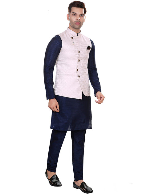 Designer Mens'S Wear Readymade Kurta Paijama With Jacket Collection Navy Blue Kurta Art Silk Pant Close-up View
