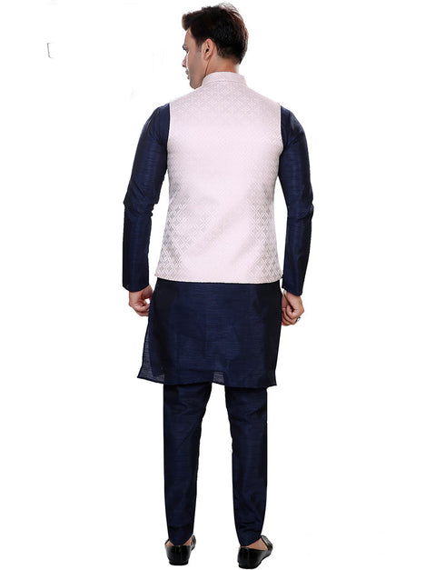 Designer Mens'S Wear Readymade Kurta Paijama With Jacket Collection Navy Blue Kurta Art Silk Pant Back View