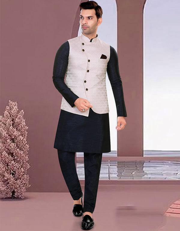 Designer Mens'S Wear Readymade Kurta Paijama With Jacket Collection Navy Blue Kurta Art Silk Pant Front View