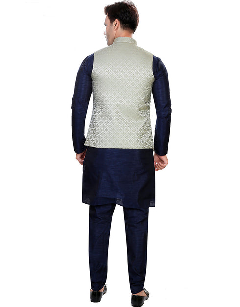 Designer Mens'S Wear Readymade Kurta Paijama With Jacket Collection Navy Blue Kurta Art Silk Pant Back View