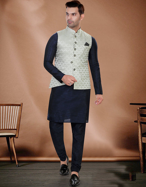 Designer Mens'S Wear Readymade Kurta Paijama With Jacket Collection Navy Blue Kurta Art Silk Pant Front View