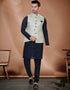 Designer Mens'S Wear Readymade Kurta Paijama With Jacket Collection Navy Blue Kurta Art Silk Pant Front View