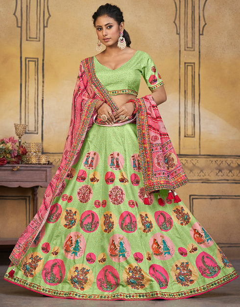 Traditional Party Wear Viscose Silk Lehenga Choli Collection Pista Viscose Silk Lehenga Choli Front View