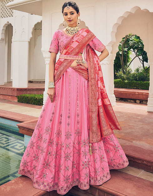 Traditional Party Wear Viscose Lehenga Choli Collection Pink Viscose Lehenga Choli Front View