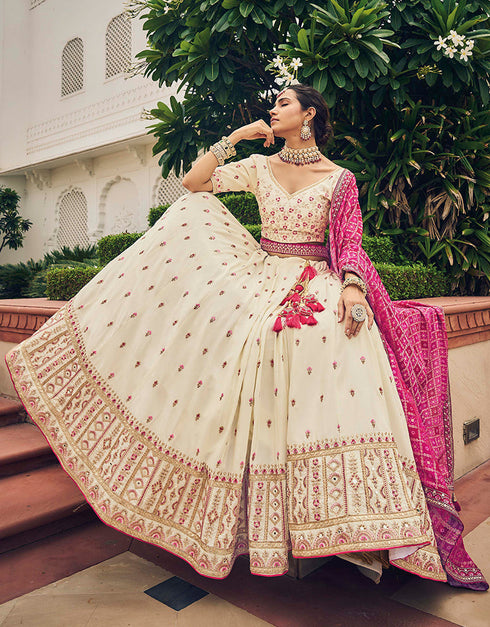 Traditional Party Wear Viscose Lehenga Choli Collection Cream Viscose Lehenga Choli Close-up View