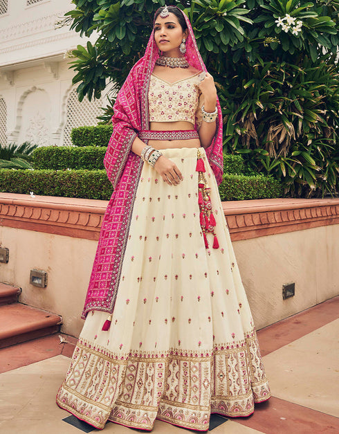 Traditional Party Wear Viscose Lehenga Choli Collection Cream Viscose Lehenga Choli Front View