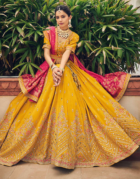 Traditional Party Wear Viscose Lehenga Choli Collection Yellow Viscose Lehenga Choli Close-up View