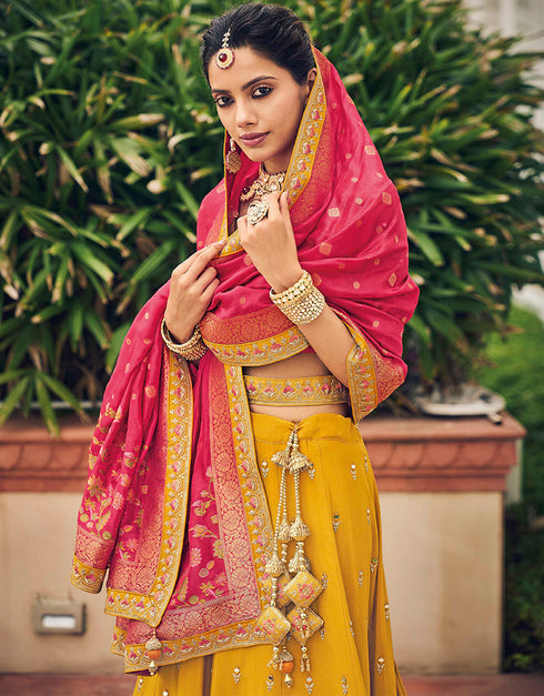 Traditional Party Wear Viscose Lehenga Choli Collection Yellow Viscose Lehenga Choli Back View