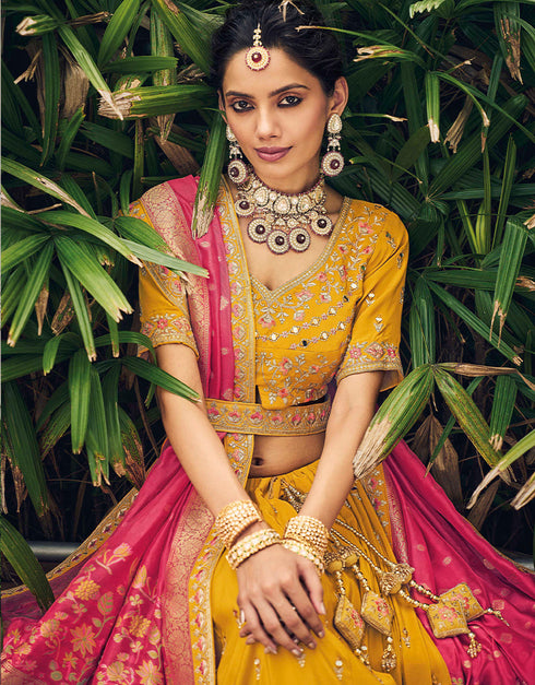 Traditional Party Wear Viscose Lehenga Choli Collection Yellow Viscose Lehenga Choli Front View