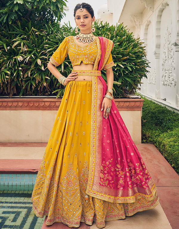 Traditional Party Wear Viscose Lehenga Choli Collection Yellow Viscose Lehenga Choli Front View