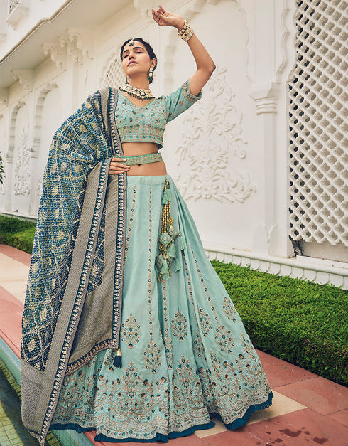 Traditional Party Wear Viscose Lehenga Choli Collection Sky Bule Viscose Lehenga Choli Close-up View