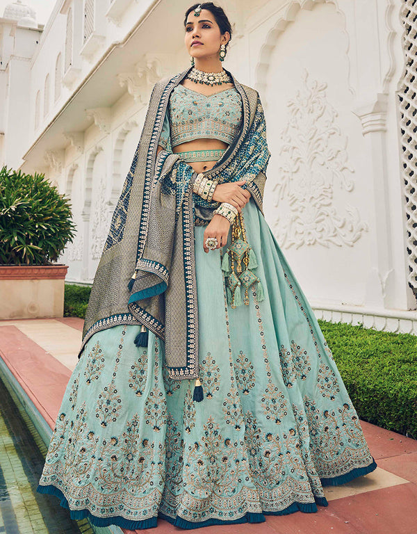 Traditional Party Wear Viscose Lehenga Choli Collection Sky Bule Viscose Lehenga Choli Front View