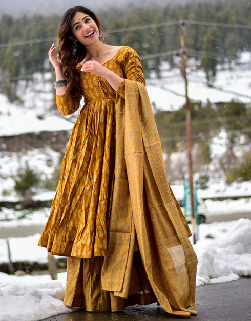 Heavy Designer Festive Wearv Pure Maslin Salwar Suit Yellow Pure Maslin Palazzo Suit Back View