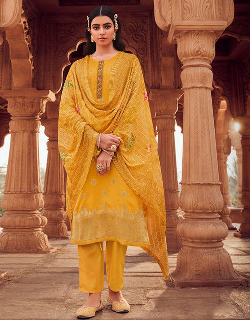 Heavy Designer Festive Wear Dola Jaquard Salwar Suit Yellow Dola Jaquard Pant Straight Front View