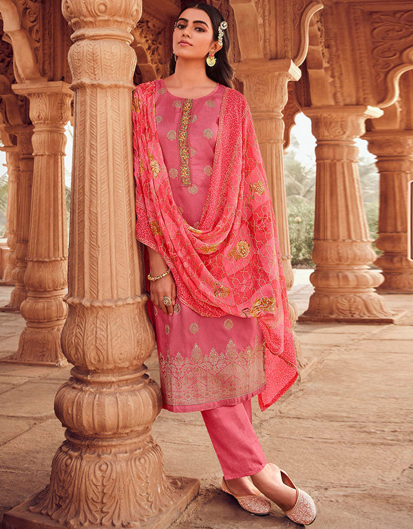 Heavy Designer Festive Wear Dola Jaquard Salwar Suit Pink Dola Jaquard Pant Straight Front View