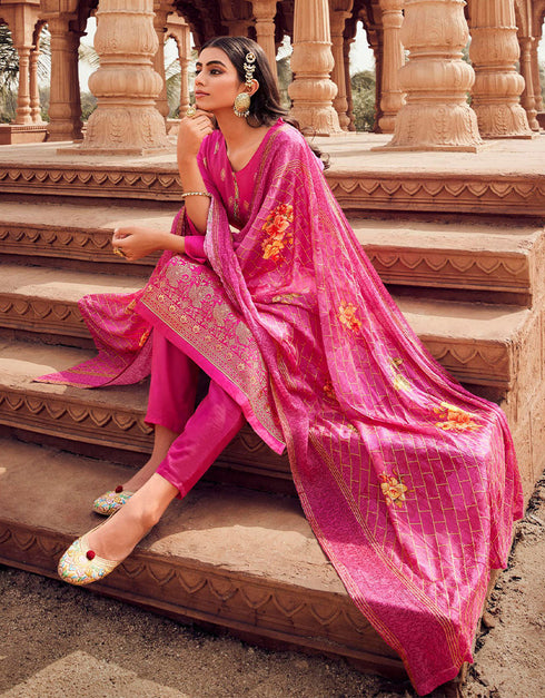 Heavy Designer Festive Wear Dola Jaquard Salwar Suit Dark Pink Dola Jaquard Pant Straight Close-up View