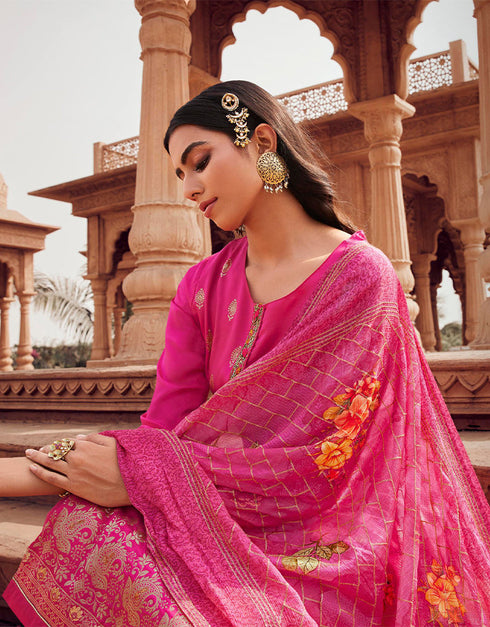 Heavy Designer Festive Wear Dola Jaquard Salwar Suit Dark Pink Dola Jaquard Pant Straight Front View