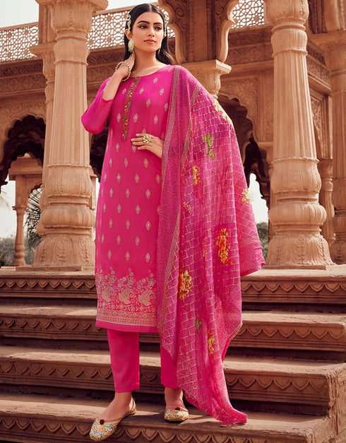 Heavy Designer Festive Wear Dola Jaquard Salwar Suit Dark Pink Dola Jaquard Pant Straight Front View