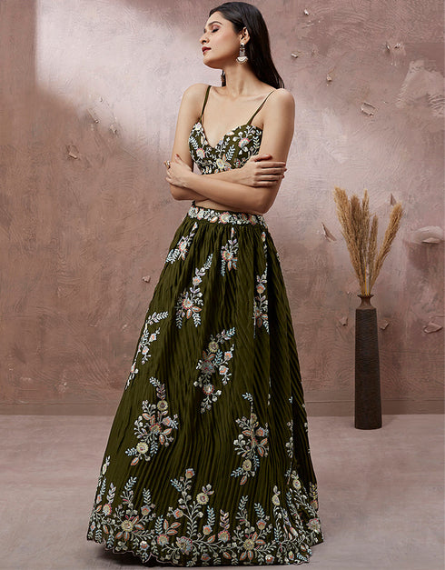 Designer Weadding Wear Heavy Lehenga Choli Collection Olive Georgette Lehenga Choli Back View