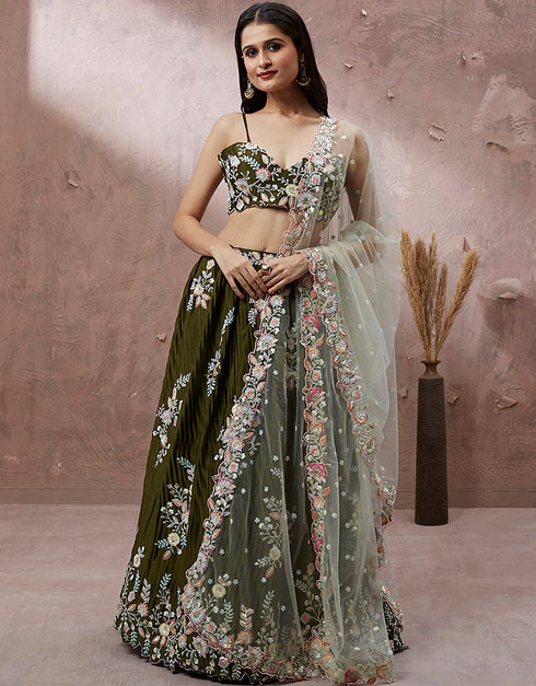 Designer Weadding Wear Heavy Lehenga Choli Collection Olive Georgette Lehenga Choli Front View