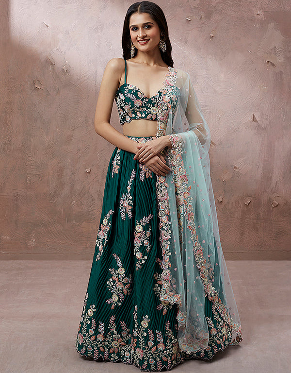 Designer Weadding Wear Heavy Lehenga Choli Collection Teal Georgette Lehenga Choli Front View